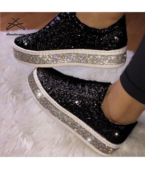 Fashion new design women bling shiny diamond lace up casual sneaker ladies running shoes