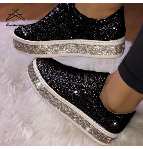 Fashion new design women bling shiny diamond lace up casual sneaker ladies running shoes