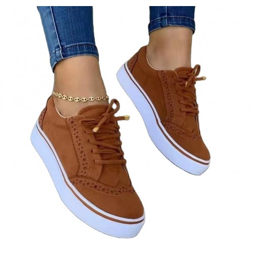 Brown Suede Cutout Lace-Up Leather Sports Shoes with Customizable Fashion Sneakers